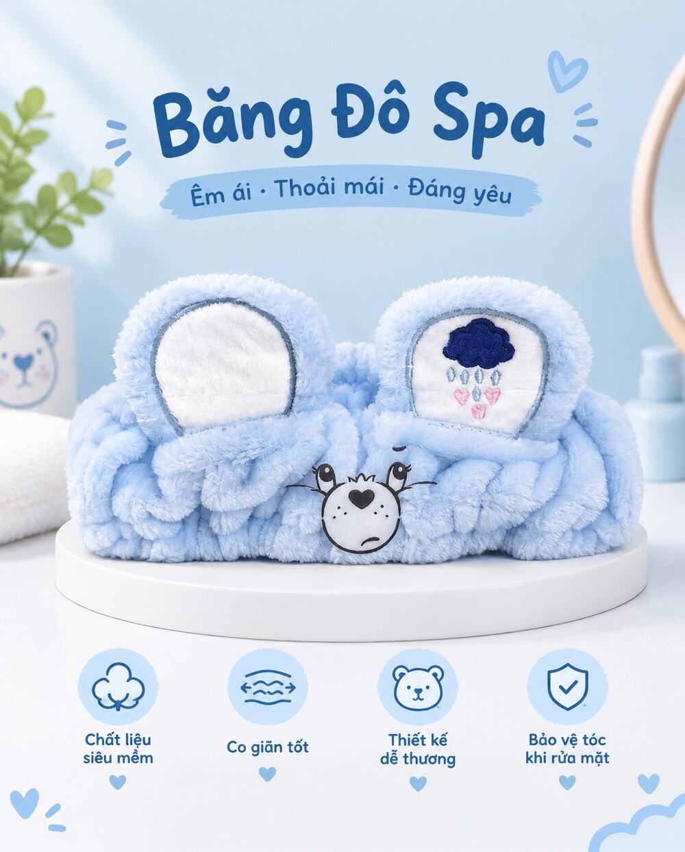 Care Bears Grumpy Bear Spa Headband Makeup Hair Wrap Blue Plush